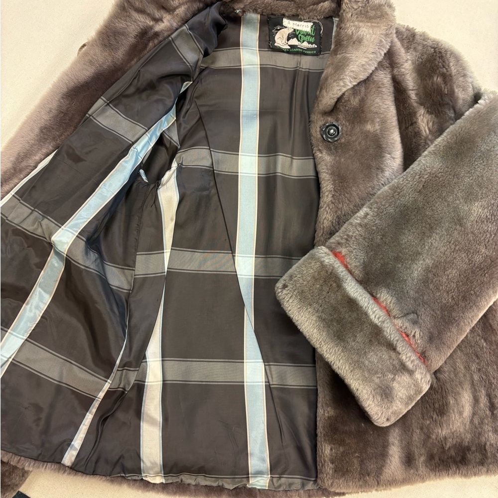Gray Faux Fur Coat w/ Blue Plaid Lining